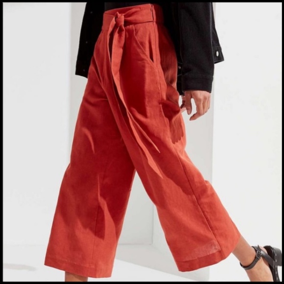 NWOT Urban Outfitters Linen Tie Front Wide Leg Cropped Pants Rust Orange Size S - Picture 2 of 16